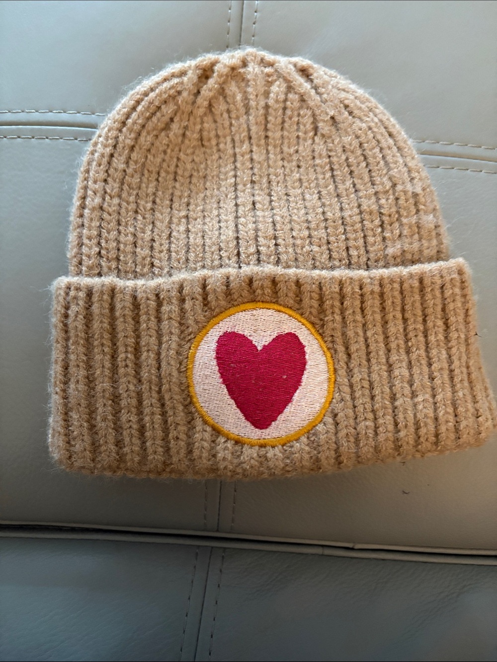 Kids Tan Knit Beanie with Pink Heart Patch